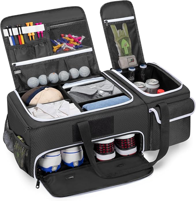 DSLEAF 2 Layer Golf Trunk Organizer with Bottom Shoe Space, Golf Car Locker for Men & Women, Holds 2-3 Shoes, Balls, Tees, Cap, Gloves and Clothes (Patenting Design)