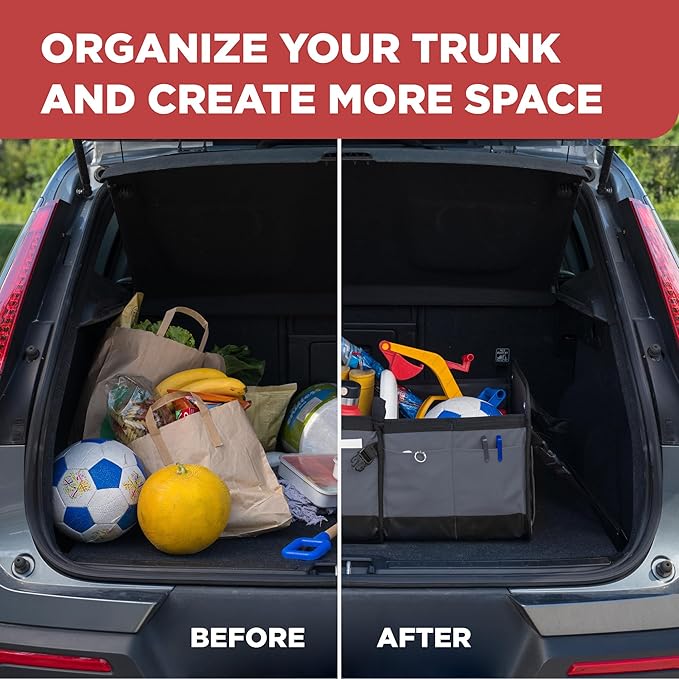 TRUNKCRATEPRO Trunk Organizer For Car, Suv, Truck | Premium Adjustable Multi Compartments Collapsible Car Trunk Organizer With Securing Straps & Non-Slip Bottom (Large Size, Grey)