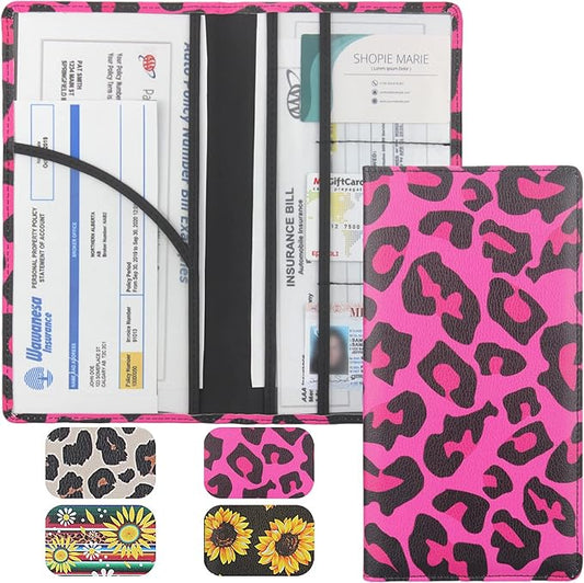 LumiMokki Premium Car Registration & Insurance Card Holder with Magnetic Shut, Vehicle Glove Box Car Organizer - For Documents, Cards, License (Leopard B)