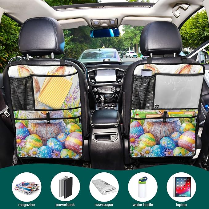 Colorful Bunny Eggs 1 Pack Backseat Car Organizer with Storage Pockets Seat Back Organizers for Kids Kick Mats Backseat Protector Automotive