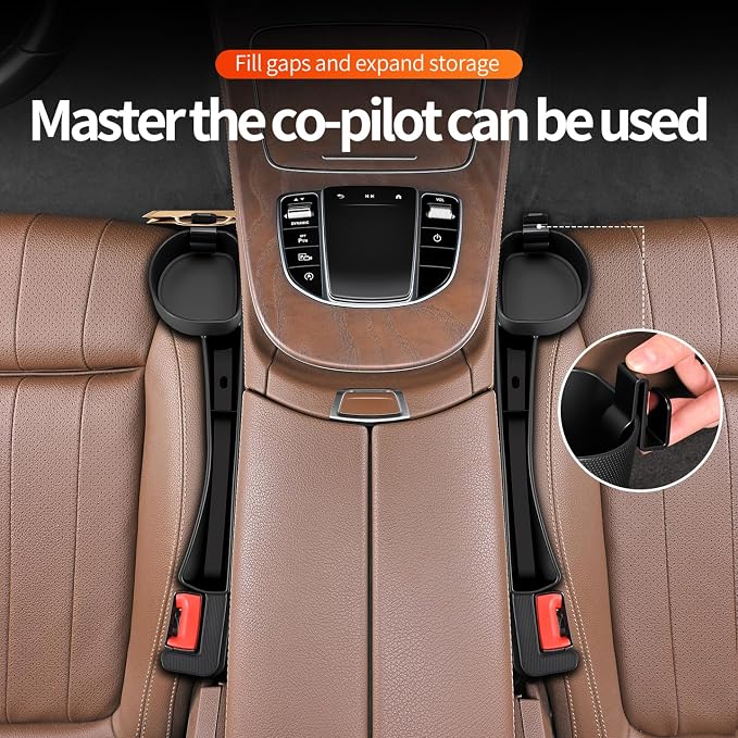 Car Seat Gap Filler Organizer, 2PCS Car Seat Gap Plug with Storage Slot, 3-in-1 Seat Gap Filler with Cup Holder & Hooks, Car Interior Organizer for Sedans SUVs Trucks, Black (2)