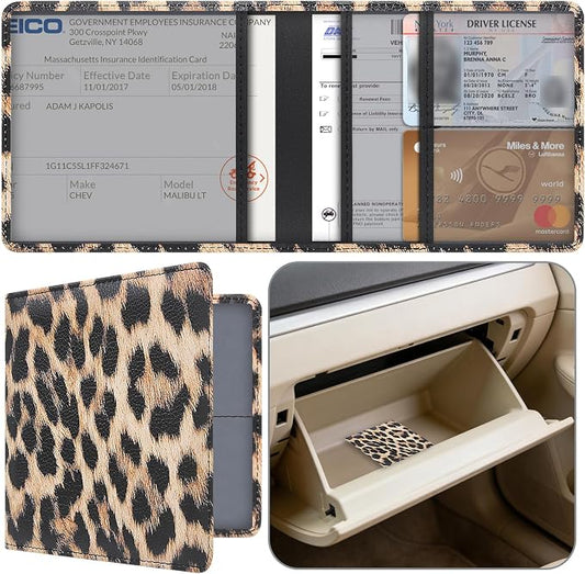 Car Registration and Insurance Holder, Premium Pu Leather Vehicle Glove Box Organizer - for Driver License, Cards & Essential Documents (S-Leopard)