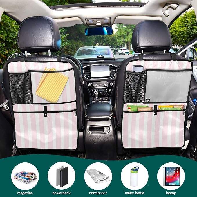 Pink and White Stripes 1 Pack Backseat Car Organizer with Storage Pockets Seat Back Organizers for Kids Kick Mats Backseat Protector Automotive