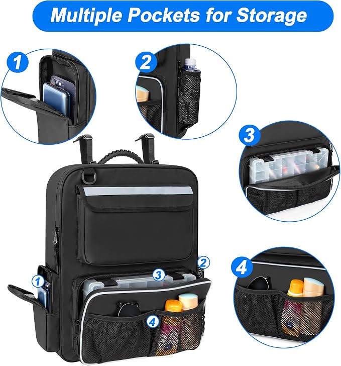 GRAOSO Boat Organizers and Storage, Boat Back Seat Carrying Bag with Rubber Handle and Adjustable Back Belt, Multiple Pockets for Boat Accessories, Black