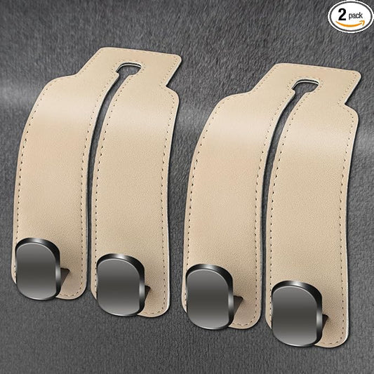 Amelity Universal Car Headrest Hooks, Women’s Car Interior Accessories for Purses Handbags Grocery & Backpacks, Beige 2 Pack