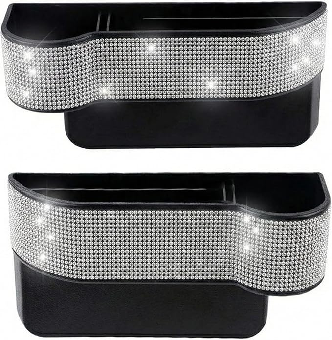 Bling Bling Car Seat Organizer Front Seat Gap Filler with Crystal Rhinestones Diamond, PU Leather Car Seat Console Storage Organizer for Car Accessories (Silver)