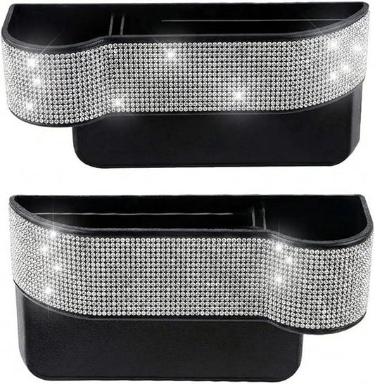 Bling Bling Car Seat Organizer Front Seat Gap Filler with Crystal Rhinestones Diamond, PU Leather Car Seat Console Storage Organizer for Car Accessories (Silver)