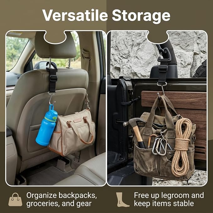 Car Headrest Hooks 2 Pack, Heavy Duty Metal Purse Holder for Car, Adjustable Seat Back Organizer for Handbags, Grocery Bags & Accessories, Universal Fit Front & Rear Seats