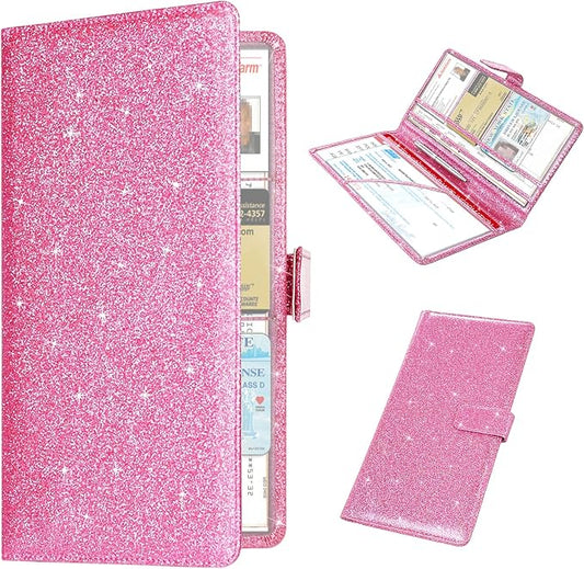 RSAquar Car Registration & Insurance Holder - Leather Glove Box Organizer, Cool Accessories for ID, Driver's License Cards & Docs, Men & Women, Pink Glitter