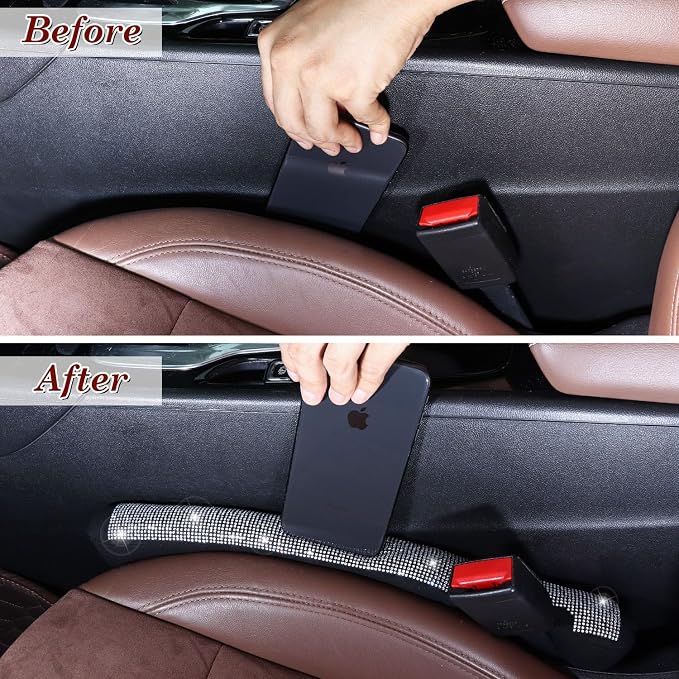 ToBeQueen Bling Car Seat Gap Filler Universal Fit for Car SUV Truck, Set of 2 Handmade Crystal Diamond Rhinestone Seat Gap Blocker Bling Car Accessories for Women(Silver)