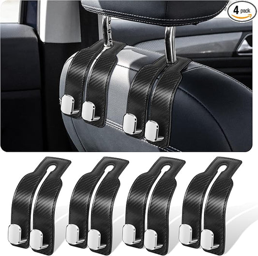 4 Pack Leather Purse Hook for Car, Car Seat Hooks for Headrest, Car Seat Back Storage Hook for Purses and Bags, Universal Back Seat Holder for Grocery Bag, Black