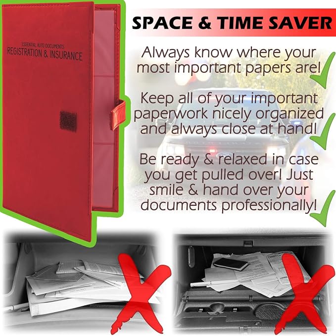 Auto Insurance and Registration Card Holder - Vehicle Glove Box Document Organizer - Car Essential Paperwork Holder for DMV, AAA, Contact Information Cards - Premium PU Leather Wallet Case - Red