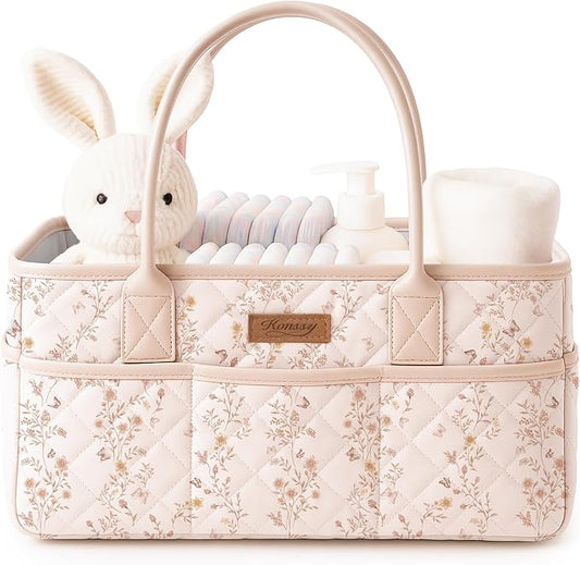Konssy Floral Quilted Diaper Caddy Organizer, Diaper Caddy Basket with PU Leather Handles, Water-Repellent Nursery Storage Basket, Portable Car Organizer, Registry Search Must Haves (Floral)