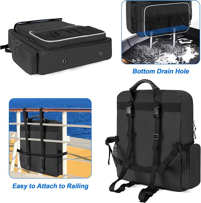 GRAOSO Boat Organizers and Storage, Boat Back Seat Carrying Bag with Rubber Handle and Adjustable Back Belt, Multiple Pockets for Boat Accessories, Black