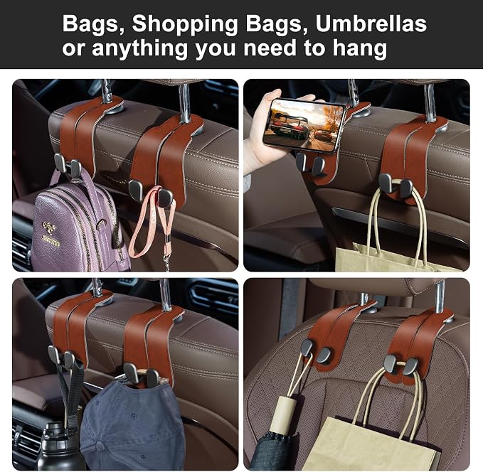 CoBak Purse Hook for Car - Universal Premium Stitched Leather and Aluminum-Magnesium Alloy Double Car Seat Back Storage Hook for Purses, Handbags, Bags (2 Pack),Russet Brown