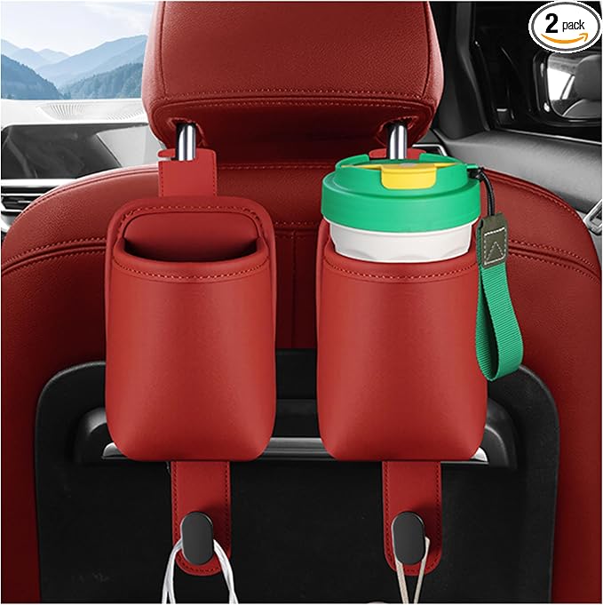 2-Pack Car Seat Back Cup Holder Organizer, Red | Faux Leather, With Hooks, Universal Backseat Storage, For Drinks, Bottles & Travel Accessories