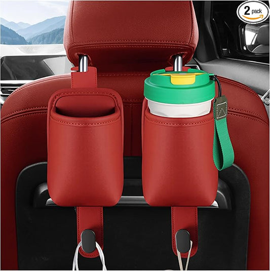 2-Pack Car Seat Back Cup Holder Organizer, Red | Faux Leather, With Hooks, Universal Backseat Storage, For Drinks, Bottles & Travel Accessories