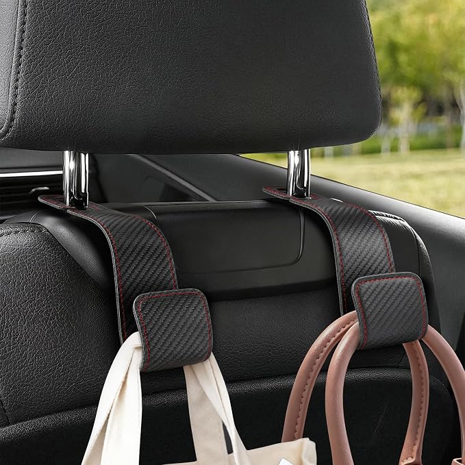 Leather Car purse hooks with larger strap holder purse hook purse holder for car car seat back hooks Automotive seat back organizer headrest hooks for bags and purse (Black Carbon fiber, 2pcs)