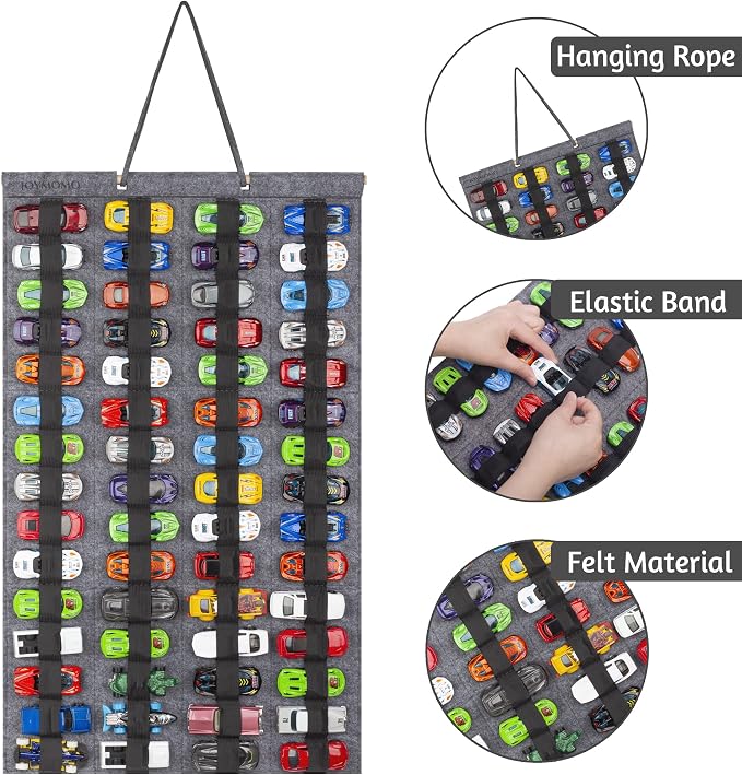 Hanging Storage Organizer for Toy Cars Felt Display Case Hold Up 60 Toy Cars (Without Accessories)(Gray)