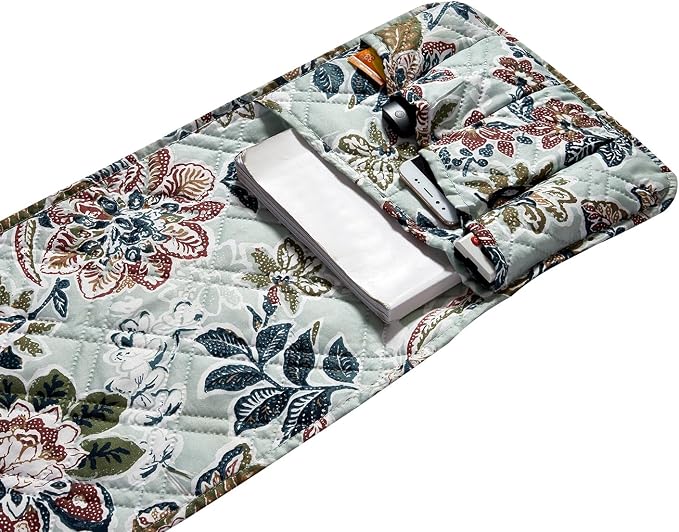Brilliant Sunshine Green Vintage Beautiful Flowers Couch Armrest Organizer, Non Slip Armchair Caddy for Sofa Recliner, Washable Remote Control Holder, Storage for Magazine, Phone, iPad (35"×13")