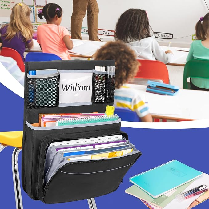 GRAOSO 15” x 20” Chair Pocket For Classroom, 1 Piece Seat Sack, Chairback Buddy Organizer Pocket for School, Kindergarten with Name Tag, Mesh Pockets, Binder Pages Storage (Black)