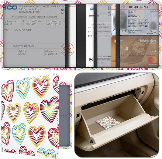 Car Registration and Insurance Holder, Premium Pu Leather Vehicle Glove Box Organizer - for Driver License, Cards & Essential Documents (S-Heart symbol)