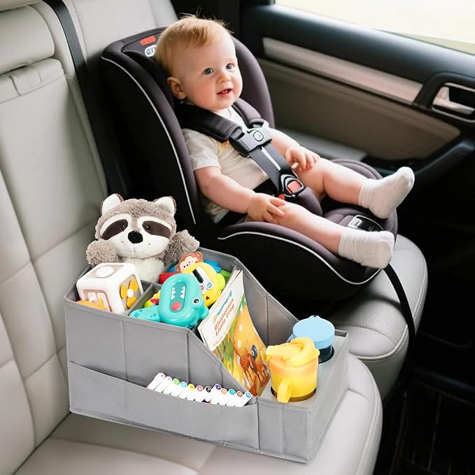 Car Seat Organizer Backseat Front Seat, Car Organizer With 12 Storage Compartments 2 Cup Holders, Snack Storage For Kids Baby, SUV Truck Van Collapsible Storage Bag For Travel, GY, 2PK