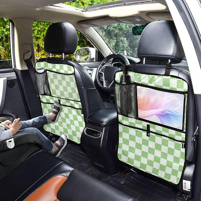 Checkered Light Green 1 Pack Backseat Car Organizer with Storage Pockets Seat Back Organizers for Kids Kick Mats Backseat Protector Automotive