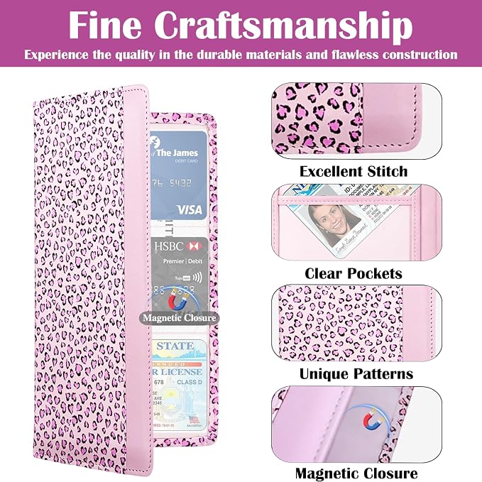 Car Registration and Insurance Holder with Magnetic Closure, Universal Document Organizer for License, Insurance Cards & Glove Box Storage (Leopard-Pink)