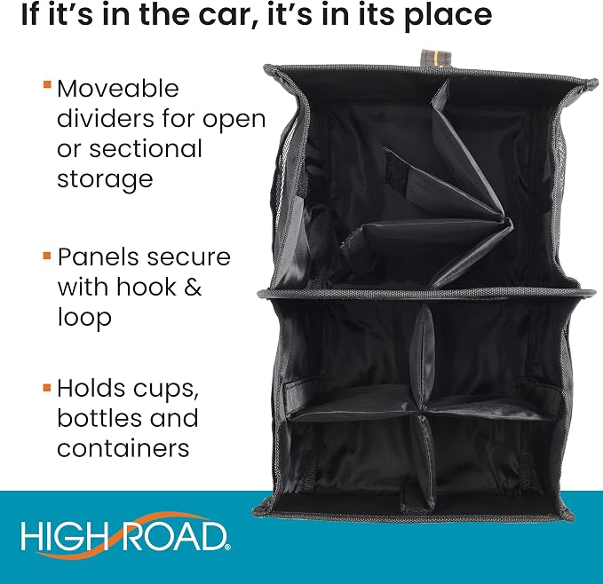 High Road Car Organizer with Cup Holder Dividers - Front Seat Organizer for Drivers or Middle Seat Car Organizer for Kids - Portable Car Caddy with Easy Carry Handle