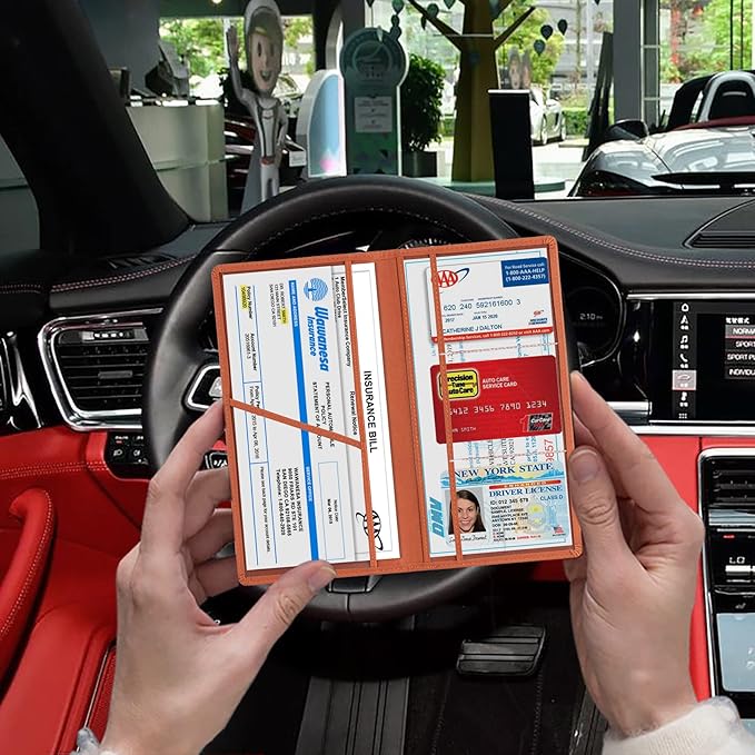 TOURSUIT Car Registration and Insurance Card Holder, Vehicle License Document Glove Box Compartment Organizer, Interior Car Accessories for Women Men (Brown)