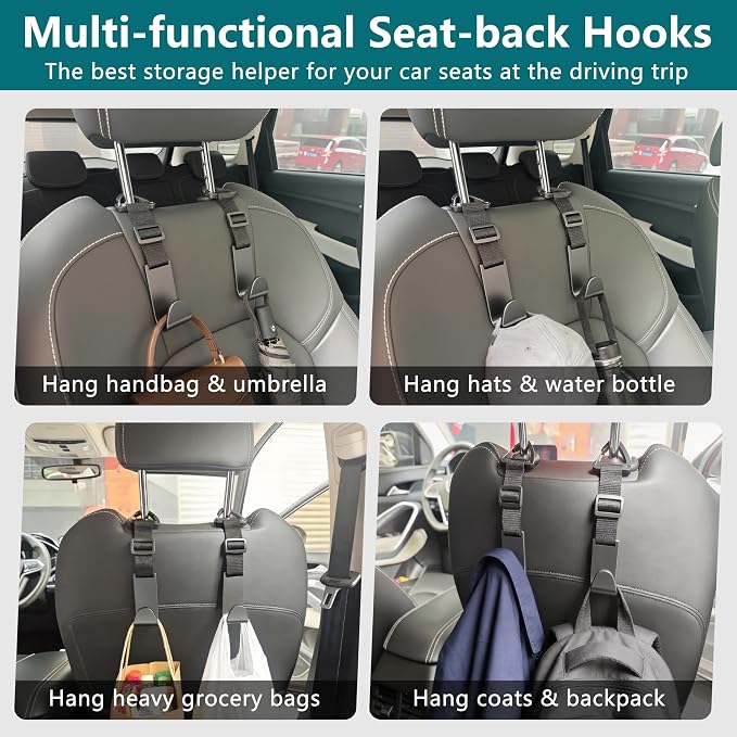 Amooca Headrest Hooks for Car Adjustable 4 Pack Vehicle Seat Back Organizer Storage Hanger Holder for Purse Bags Universal Fit with Clip Black