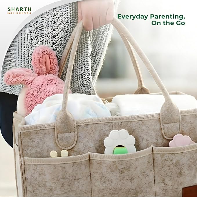 Sharth Baby Diaper Caddy Organizer with Upgraded Stitched Edges – Foldable Felt Nursery Organizer with Handle, Removable Dividers & 8 Outer Pockets, Portable Baby Shower Registry Gift (Beige)