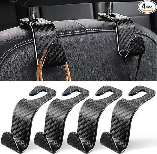LivTee Car Purse Hook, 4 Pack Universal Auto Seat Headrest Hook Hangers Organizer for Coats, Umbrellas, Groceries - Carbon Fiber Black | Universal