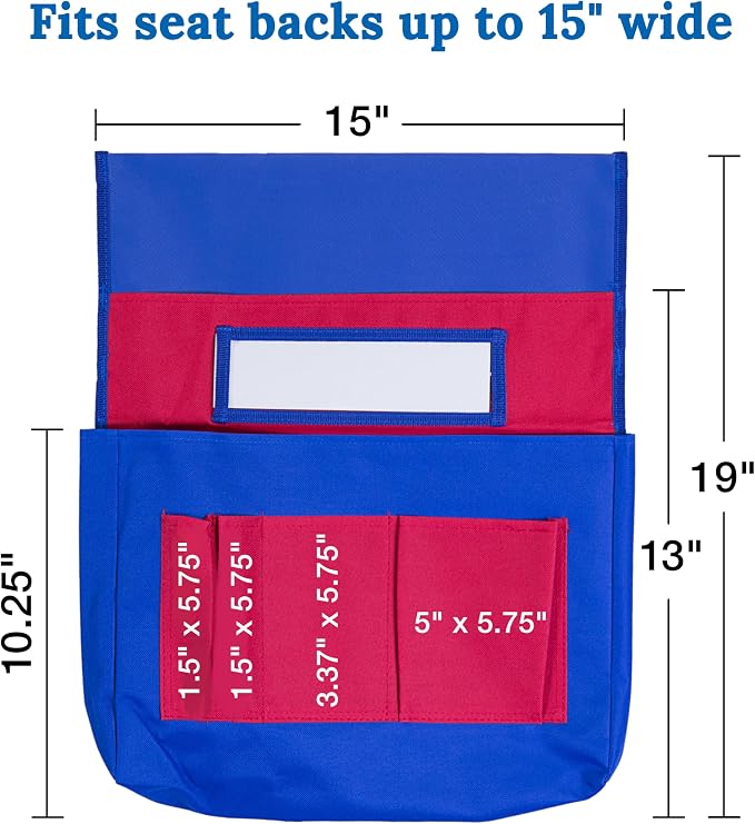 Carson Dellosa 12-Piece Chairback Buddy Pocket Chart Chair Set, 15" W x 19" H Desk Buddy Pocket Organizer With Name Tag, Back of Chair Organizer for Classroom Supplies, Chair Pockets for Classroom
