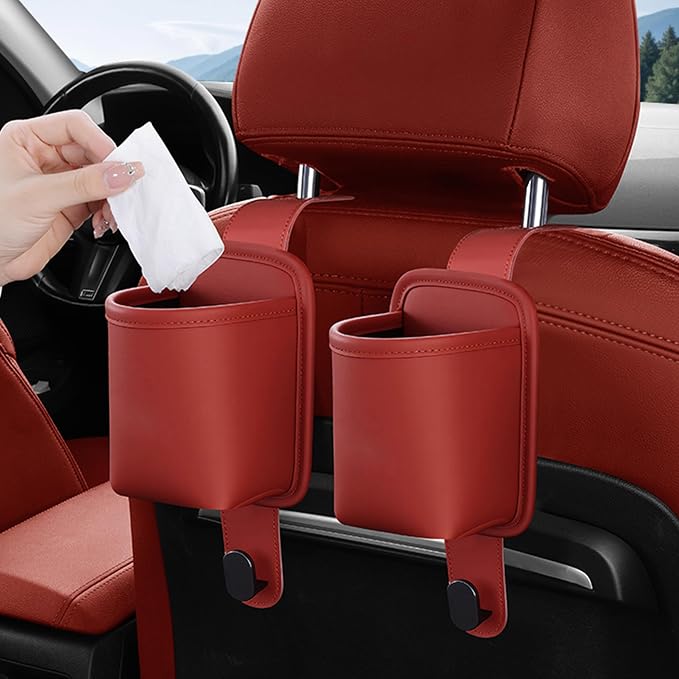 2-Pack Car Seat Back Cup Holder Organizer, Red | Faux Leather, With Hooks, Universal Backseat Storage, For Drinks, Bottles & Travel Accessories