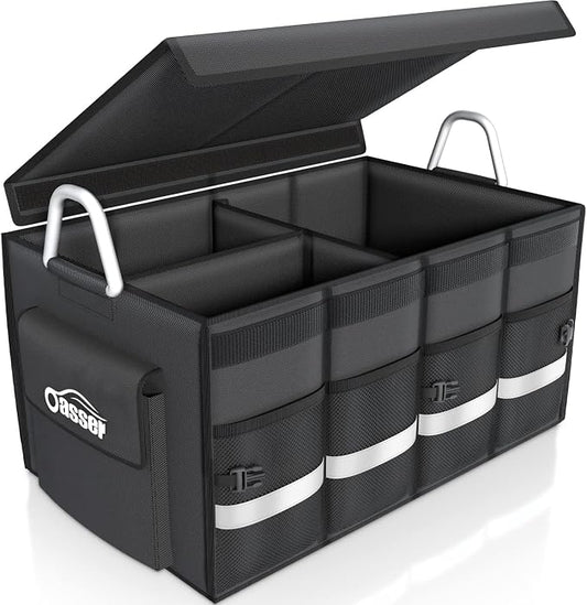 Oasser Trunk Organizer, Large, Black | Waterproof, Collapsible, Foldable Hard Cover, Aluminium Alloy Handle, Reflective Strip