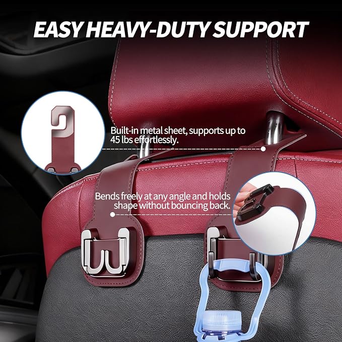 2 Packs Headrest Hooks for Car, Hidden Twinhook Leather & Metal Car Purse Holders, Universal for BMW X5 X3 X1 X7 Accessories, Seat Back Storage Organizer Hanger for Purse Bag Phones(Red)