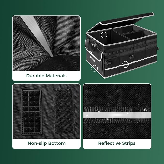 WELKIN 15GAL/60L Car Trunk Organizer with Lid & Dividers - Heavy Duty Collapsible Storage Organizer for SUV Sedan Truck - Waterproof Foldable Cargo Organizer for Groceries, Camping, Travel Accessories