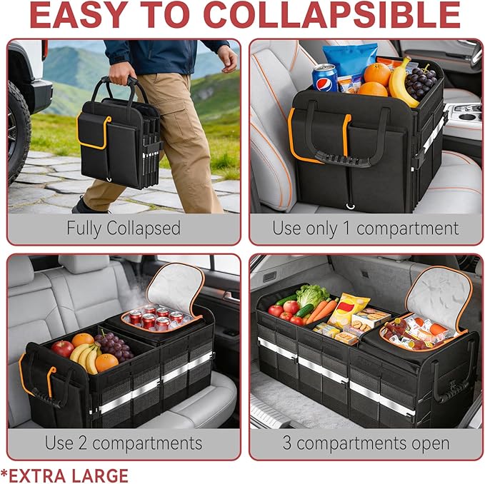 sevgili XL Heavy-Duty Trunk Organizer – Reinforced SUV & Truck Cargo Storage with 6 Adjustable Compartments, Trunk Organizer with Cooler, collapsible Large Trunk Organizer for Car with Cover