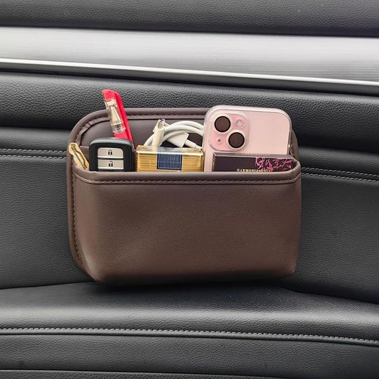 Driver's Car Storage Bag, Small Car Side Pocket Organizer for Car Seats, Doors and Consoles, PU Leather (Brown)