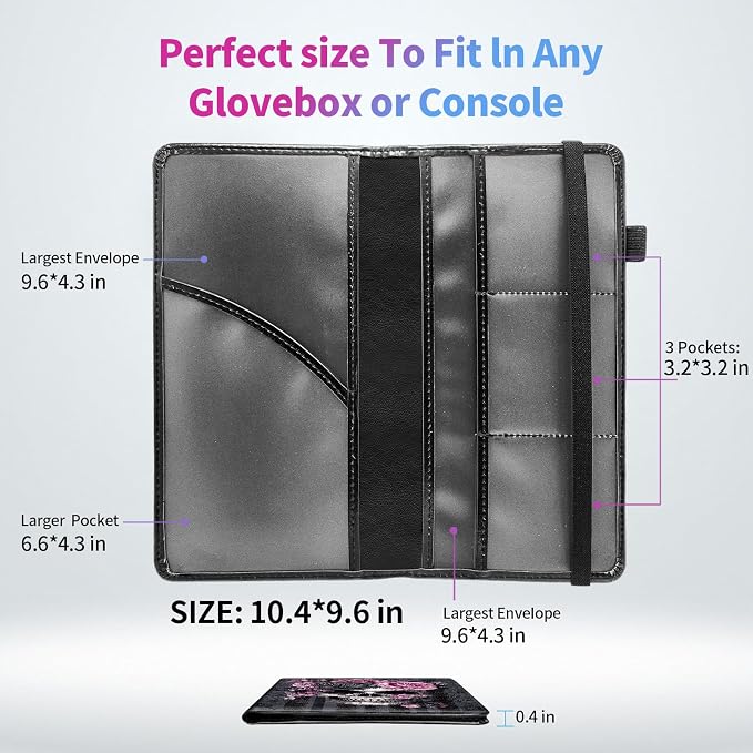 Car Registration and Insurance Holder,Leather Insurance License and Registration Card Holder for Car Glove Box, Auto Truck Document Holder Organizer for Men Women-Pink Black Rose Skull