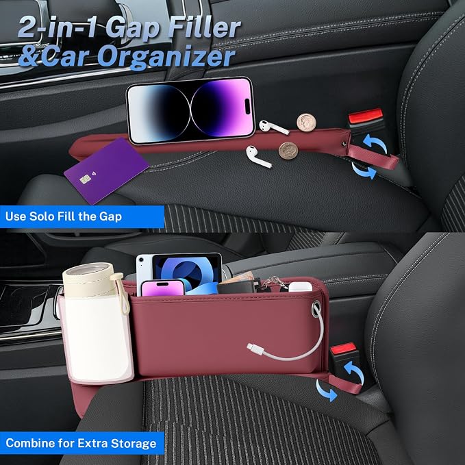 Car Seat Gap Filler Organizer 2 Pack, Car Seat Organizer with Cup Holders, 3-in-1 Removable Auto Organizer for Women, Universal Fit SUV Truck Fill The Gap Between Seats & Console (Red)