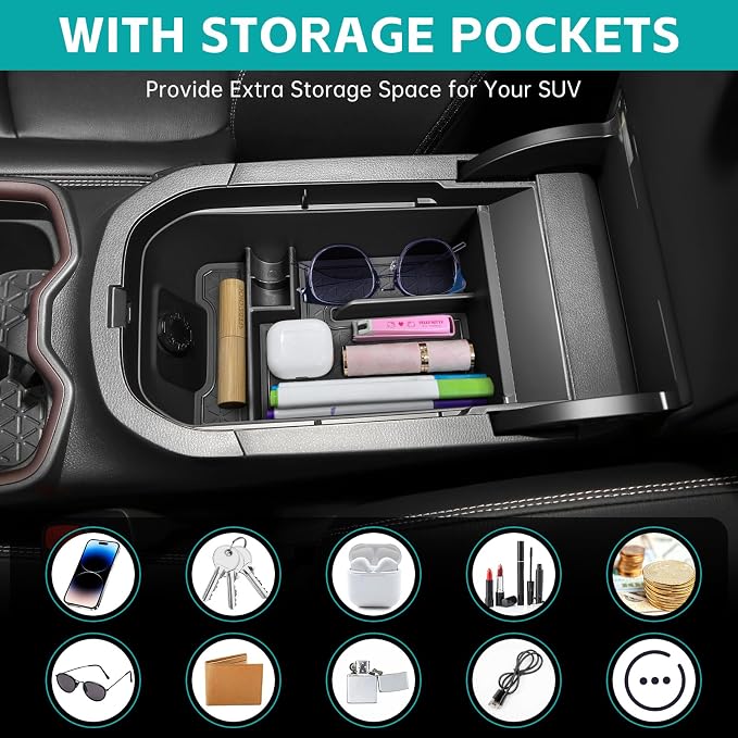 Center Console Organizer Tray Compatible with 2019-2025 Toyota RAV4 & Prime Accessories, ABS Material Insert Armrest Secondary Storage Box for RAV-4 Interior Accessories, Black