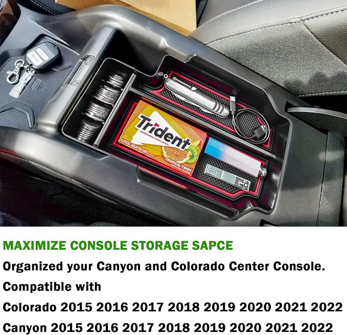 Center Console Organizer Fit Chevy Colorado/GMC Canyon, Red Trim | Compatible with 2015-2022, Armrest Secondary Storage Box, ABS Materials
