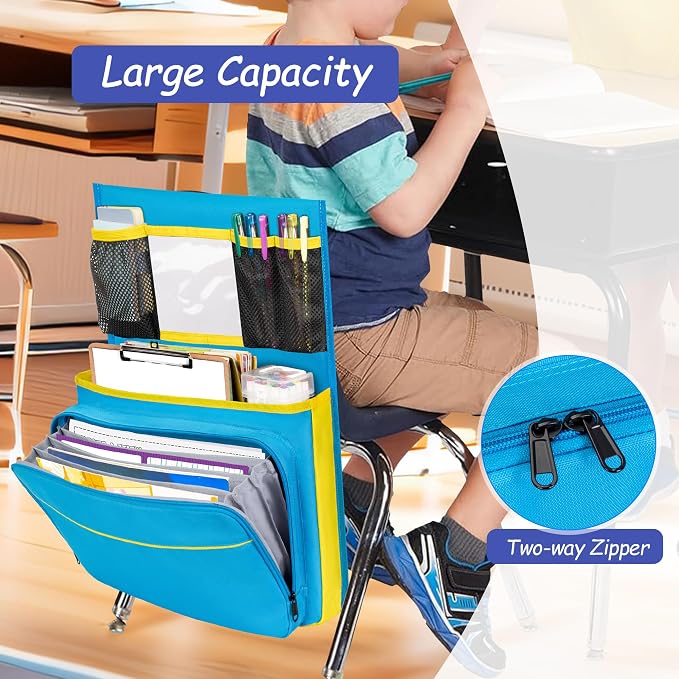 15” x 20” Chair Pocket for Classroom, 1 Piece Seat Sack, Chairback Buddy Organizer Pocket for School, Kindergarten with Name Tag, Mesh Pockets, Binder Pages Storage (Blue)