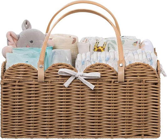 HBlife Baby Diaper Caddy Organizer, Portable Scalloped Plastic Wicker Woven Basket with Divider, Nursery Diaper Station, Baby Shower Gifts Basket, Car Organizer, Washable Waterproof