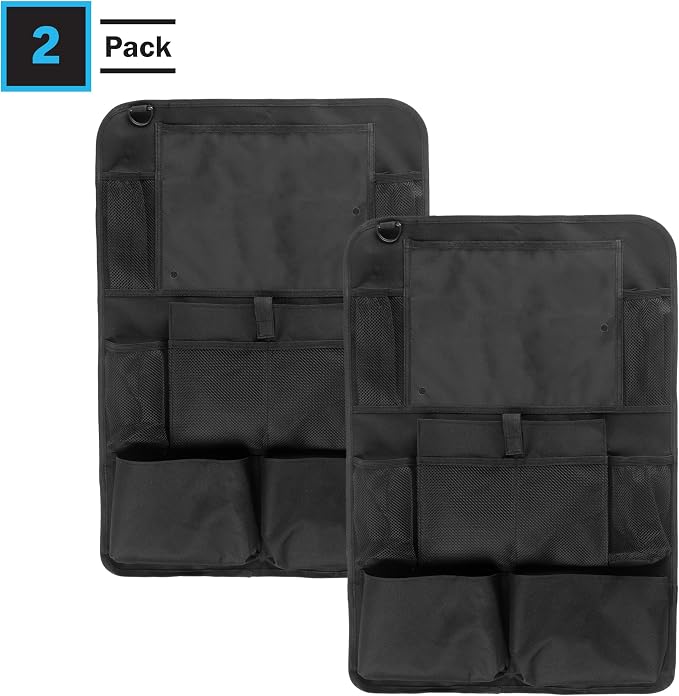 Stalwart Car Seat Organizer 2-Pack - Car Organization Attachments for Backseat with 9 Pockets and Tablet Holder - Road Trip Essentials (Black)