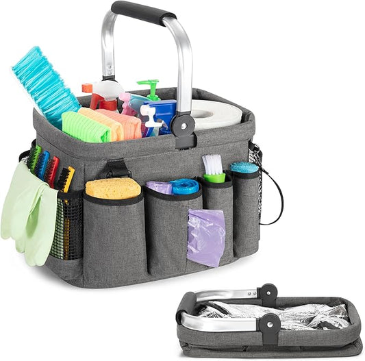 PGmoon Cleaning Caddy Organizer with Handle, Cleaning Tote Bag with Multiple Pockets for Cleaning Supplies, Products Storage, Housekeepers, Car Cleaning, Grey