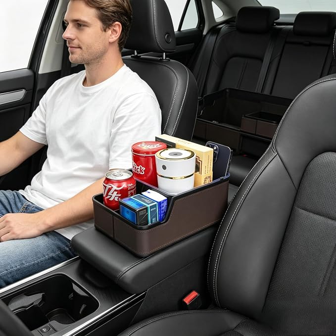 Car Seat Organizer with Phone Holder,Armrest Cup Holder Tray Truck Organizer & Storage Front Seat Organizer Small Car Caddy fit for Car SUVs Pickup Truck Van(Brown)